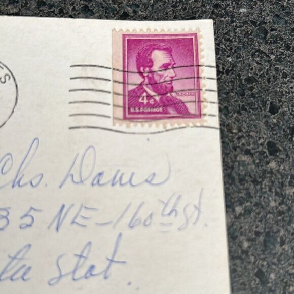 Abraham Lincoln 4 Cent Purple Stamp on Vintage Postcard 1958 - Picture 2 of 4